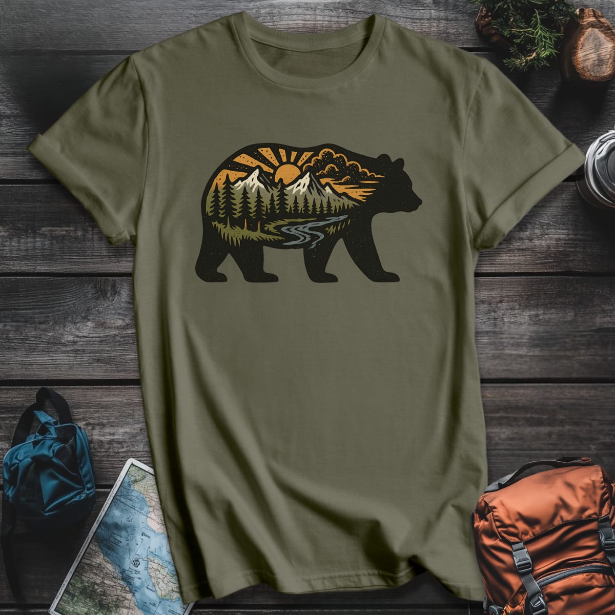 Sunset Bear T-Shirt - Military Green variant