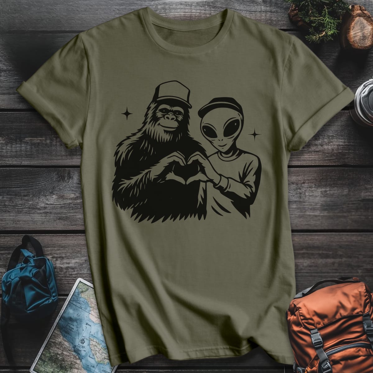 Bigfoot and Alien T-Shirt - Military Green variant
