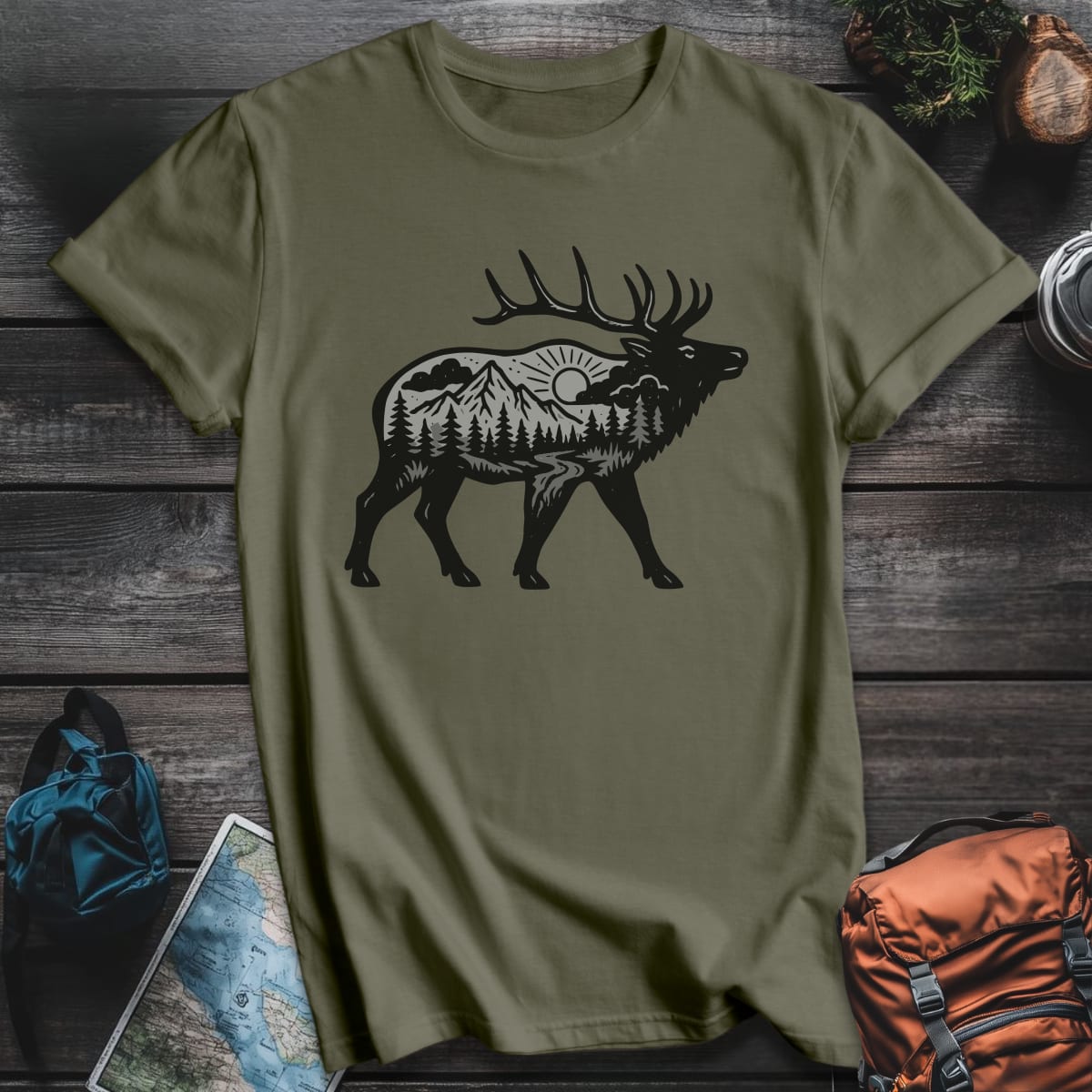 Sunset Elk T-Shirt - Military Green variant