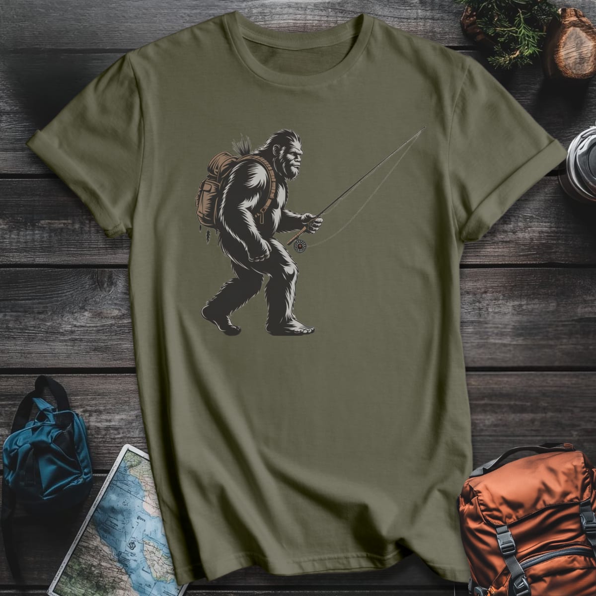 Bigfoot Fly Fisherman T-Shirt - Military Green variant