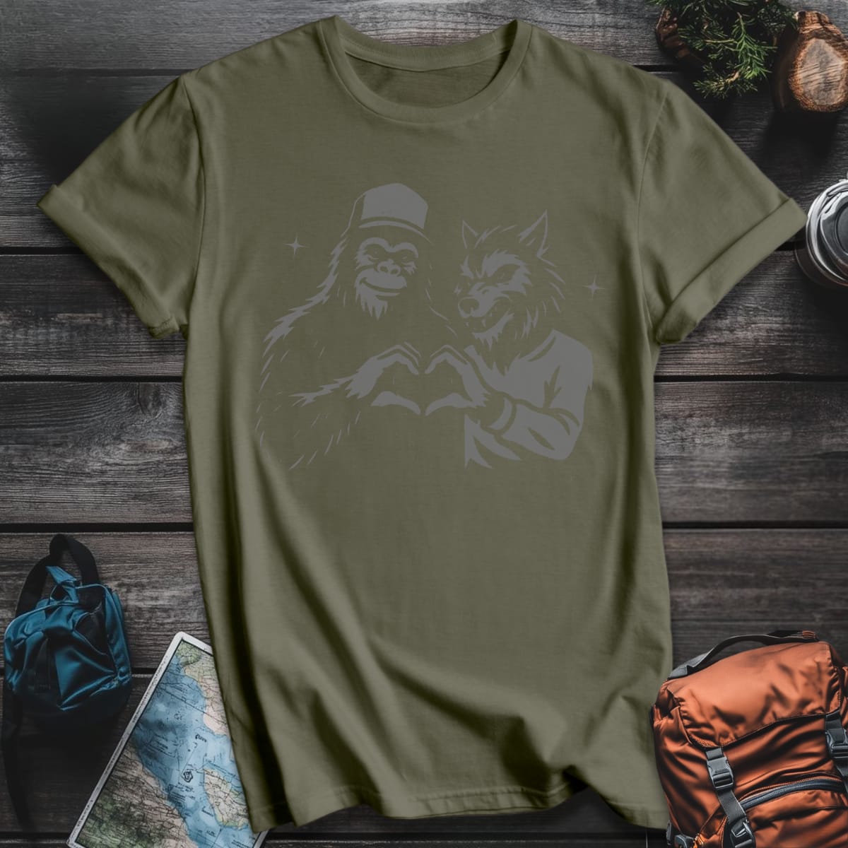 Bigfoot and Werewolf T-Shirt - Military Green variant