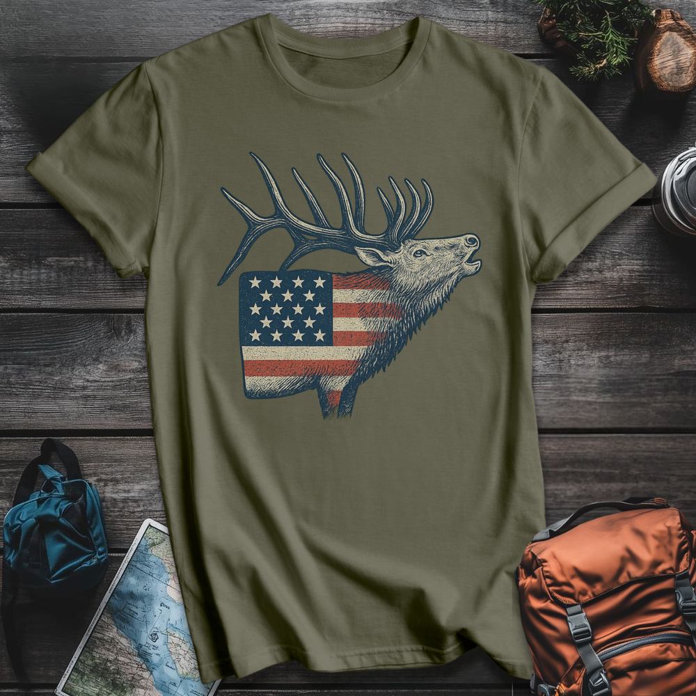 Printify T-Shirt Military Green / S American Flag Elk T-Shirt