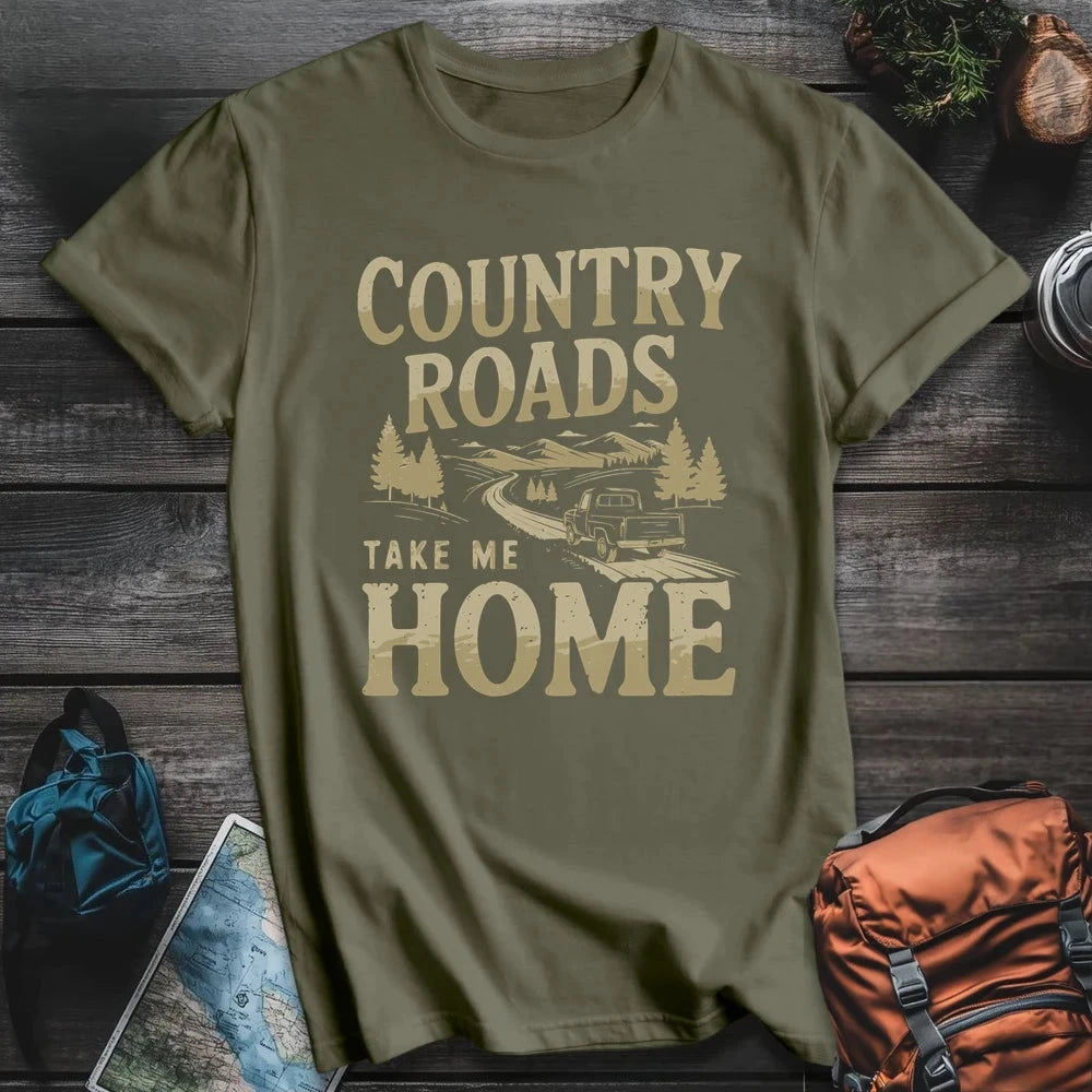 Printify T-Shirt Military Green / S Country Roads T-Shirt