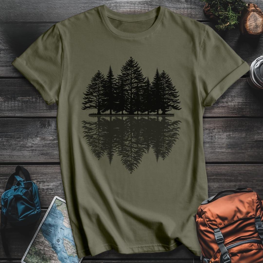 Printify T-Shirt Military Green / S Pine Trees Reflection T-Shirt