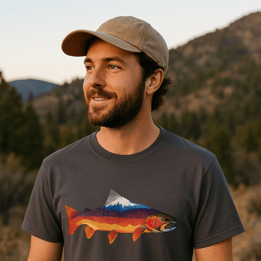 Man wearing a t-shirt with a fish and mountain graphic in a natural setting