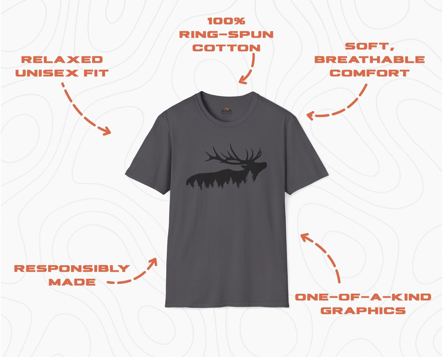 Gray t-shirt with a deer graphic on a white background with text about the t-shirt's features.