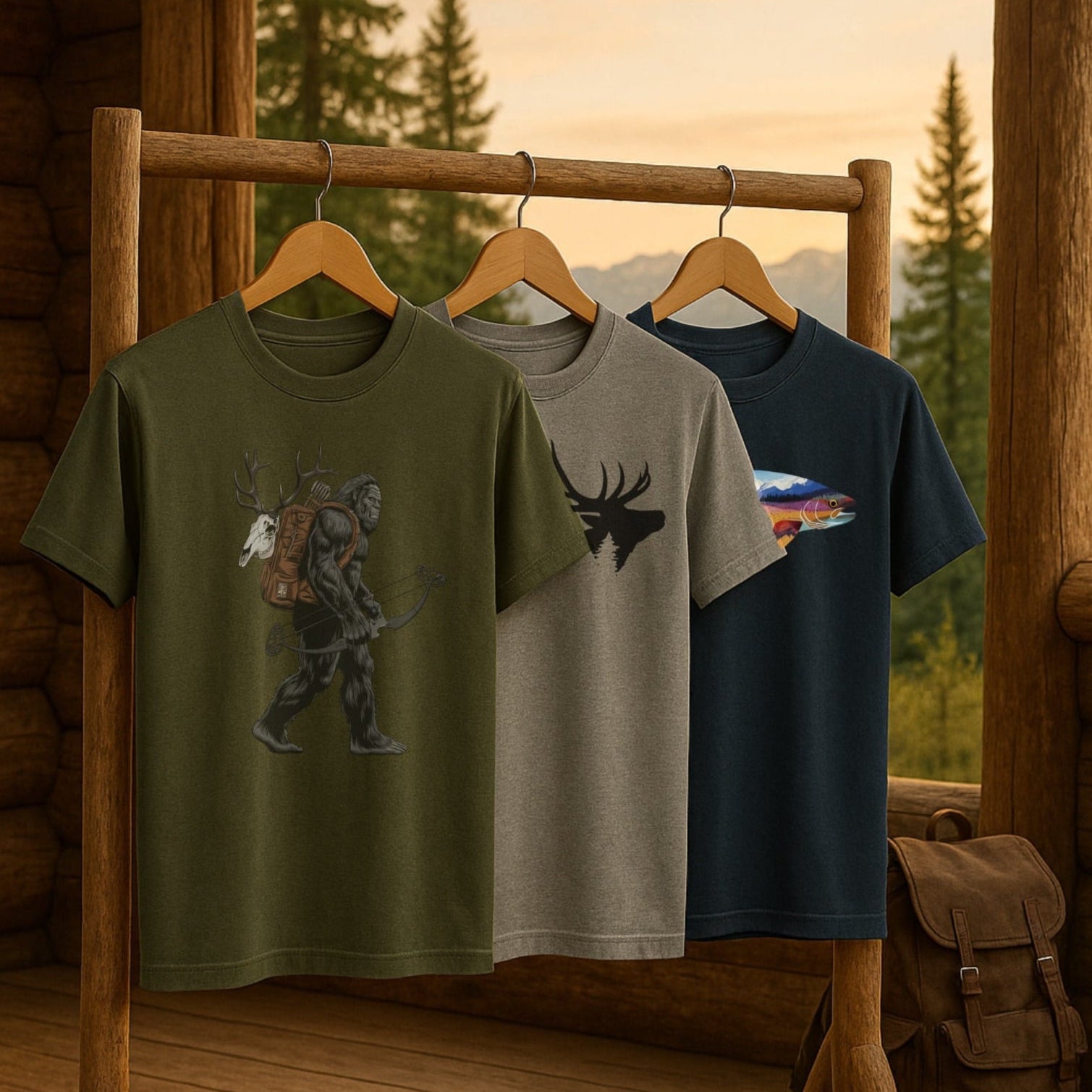 Three t-shirts with nature-themed designs hanging on a wooden rack with a scenic background.