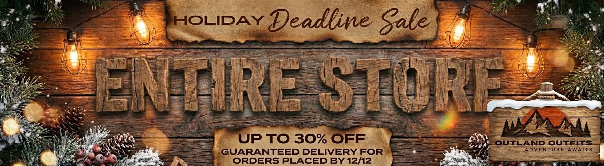 Promotional sign for a holiday sale with wooden texture and festive decorations.