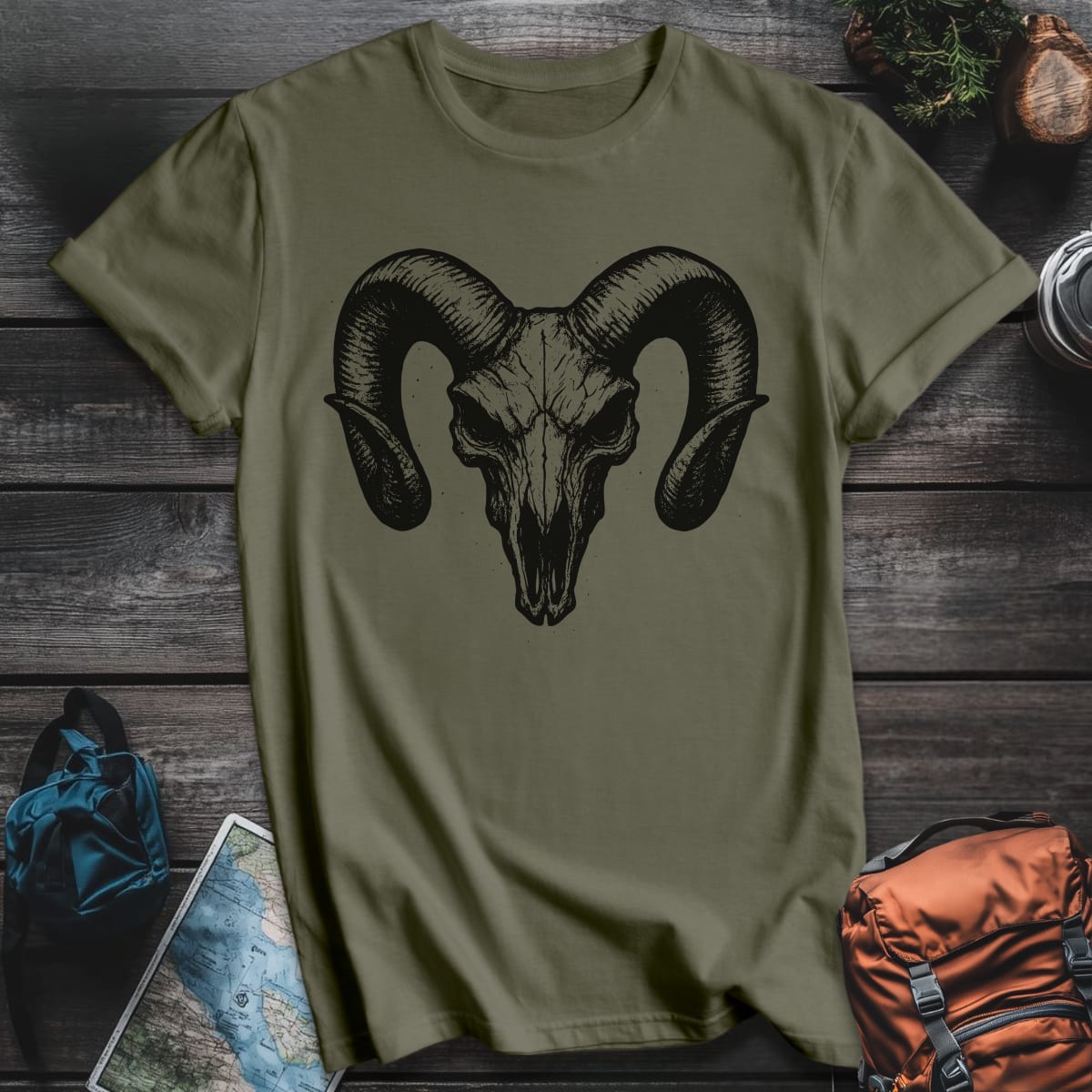Bighorn Skull T-Shirt - Military Green variant