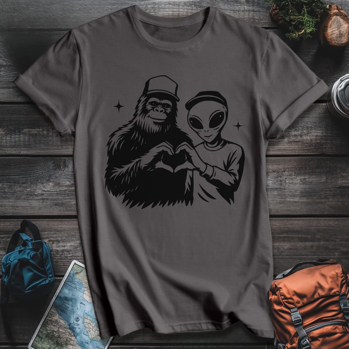 Bigfoot and Alien T-Shirt - Charcoal variant