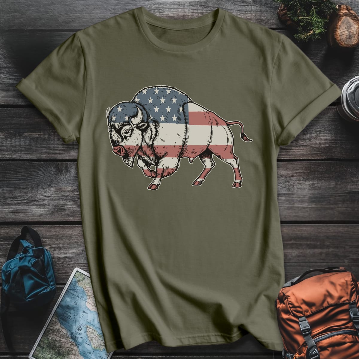 Patriotic Bison T-Shirt - Military Green variant