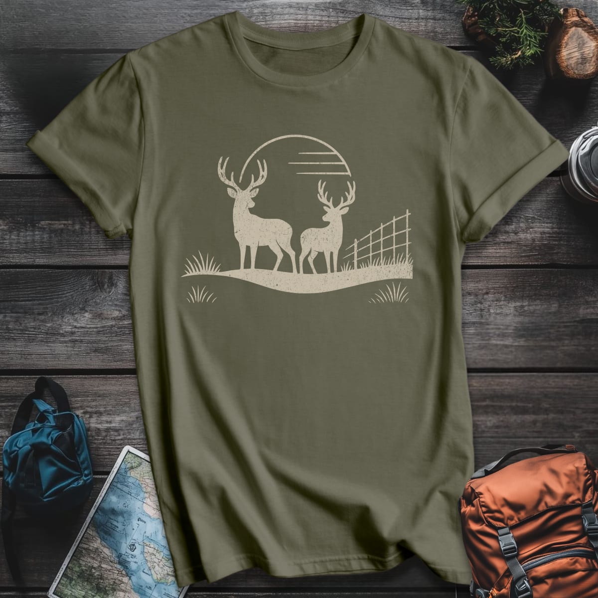 Sunset Bucks T-Shirt - Military Green variant