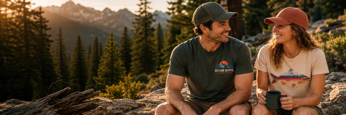 Two friends in Outland Outfits tees laughing on granite rocks in a golden-hour mountain pine forest