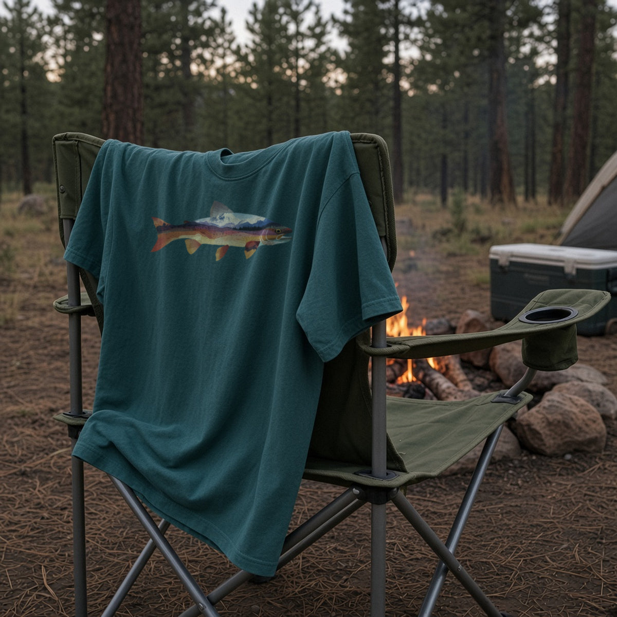 Mountain Trout premium tee draped over a camp chair at a campsite.