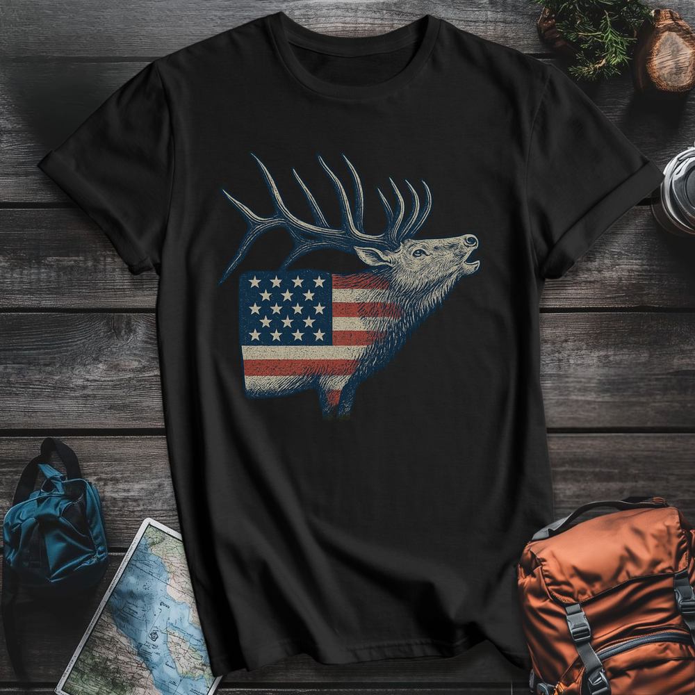 Printify T-Shirt Black / S American Flag Elk T-Shirt