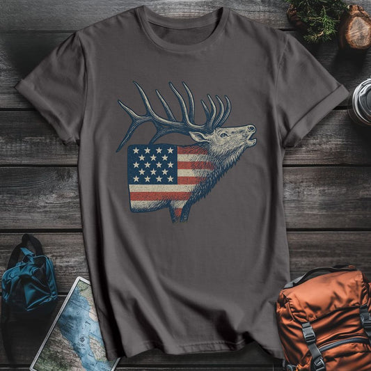 Printify T-Shirt Charcoal / S American Flag Elk T-Shirt