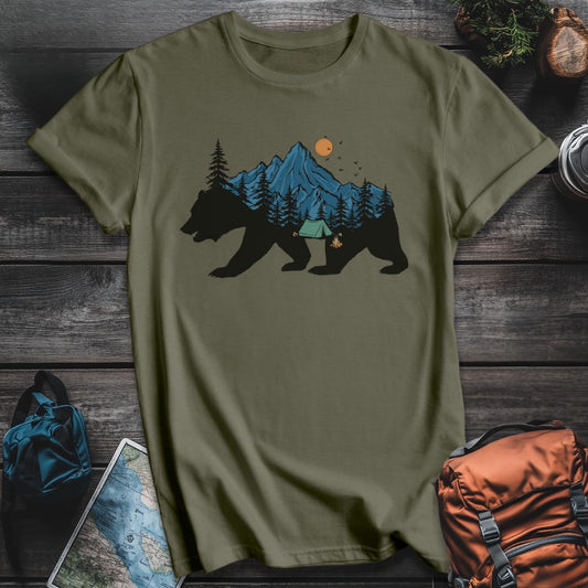 Printify T-Shirt Military Green / S Bear Camp Scene T-Shirt