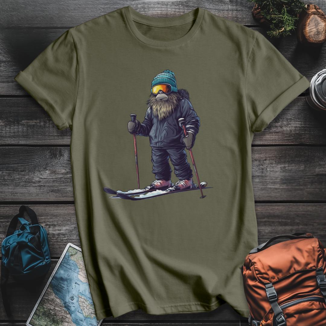 Printify T-Shirt Military Green / S Bigfoot Skier T-Shirt