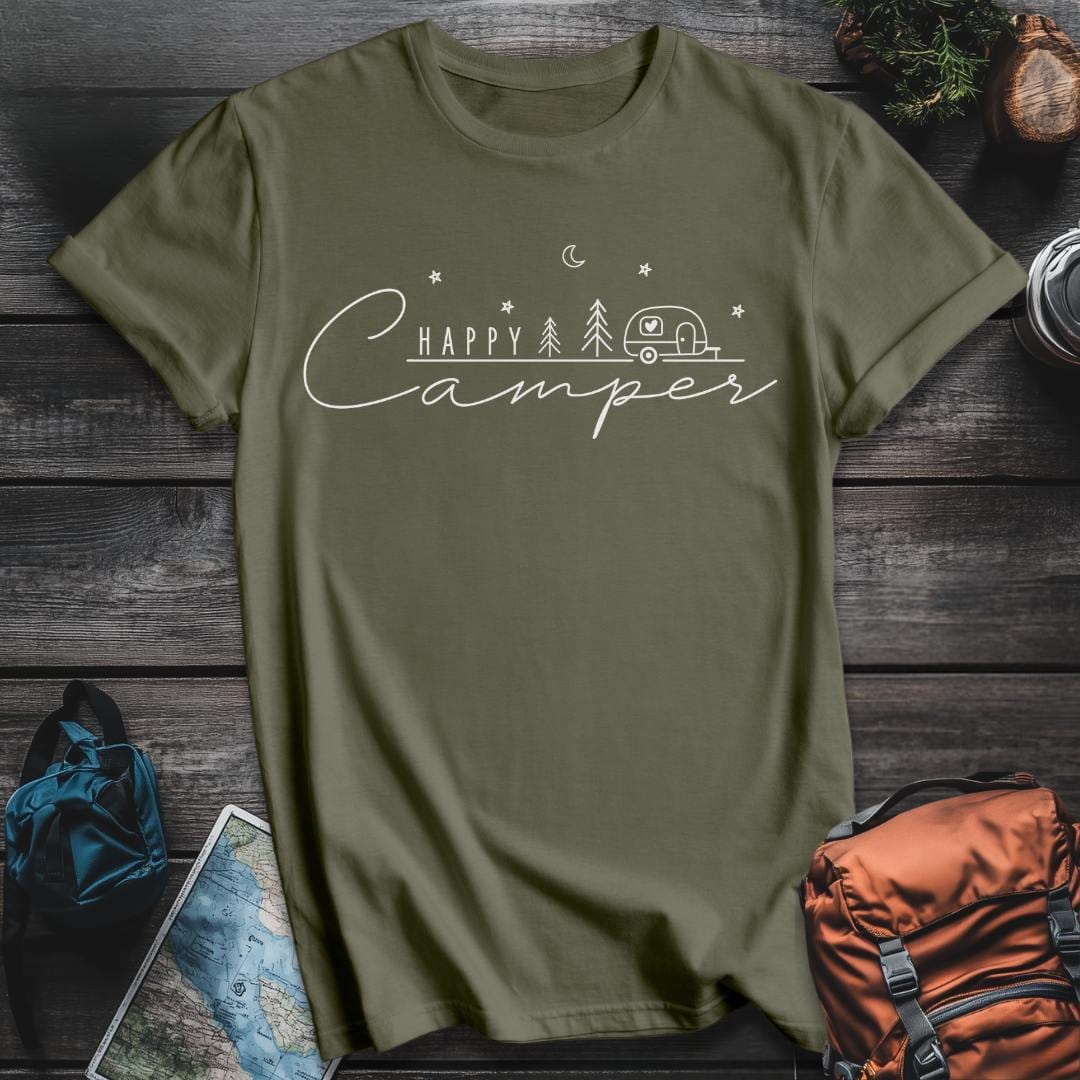 Printify T-Shirt Military Green / S Happy Camper Vintage T-Shirt