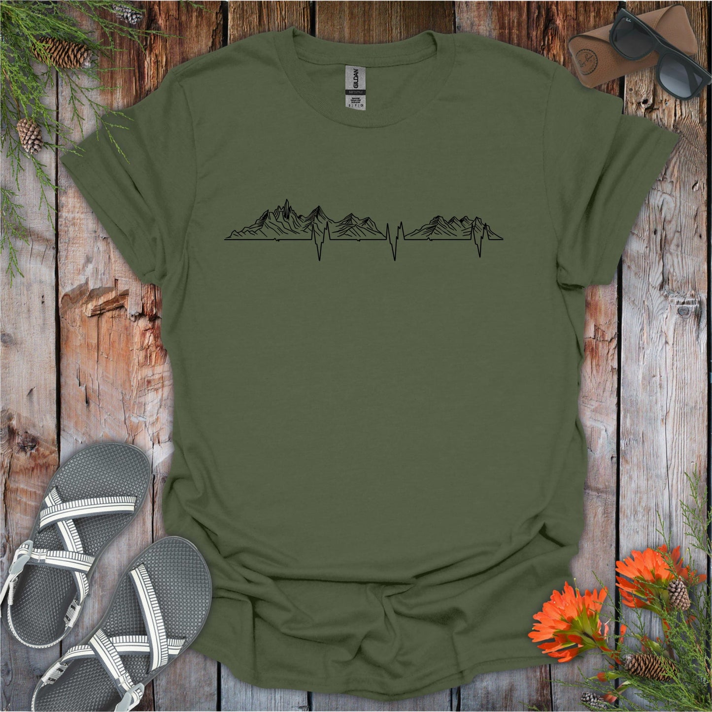 Printify T-Shirt Military Green / S Mountain Love EKG T-Shirt