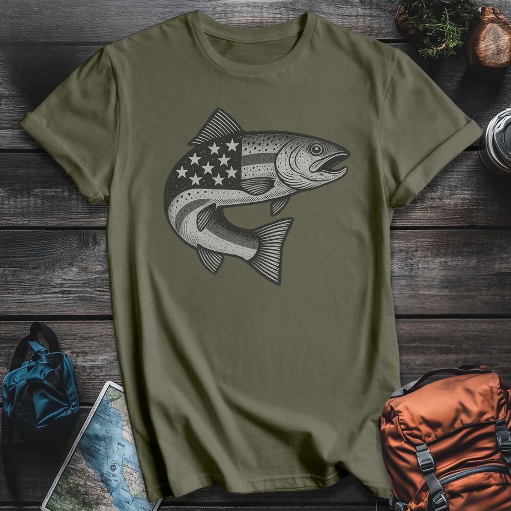 Printify T-Shirt Military Green / S Stars And Stripes Trout T-Shirt