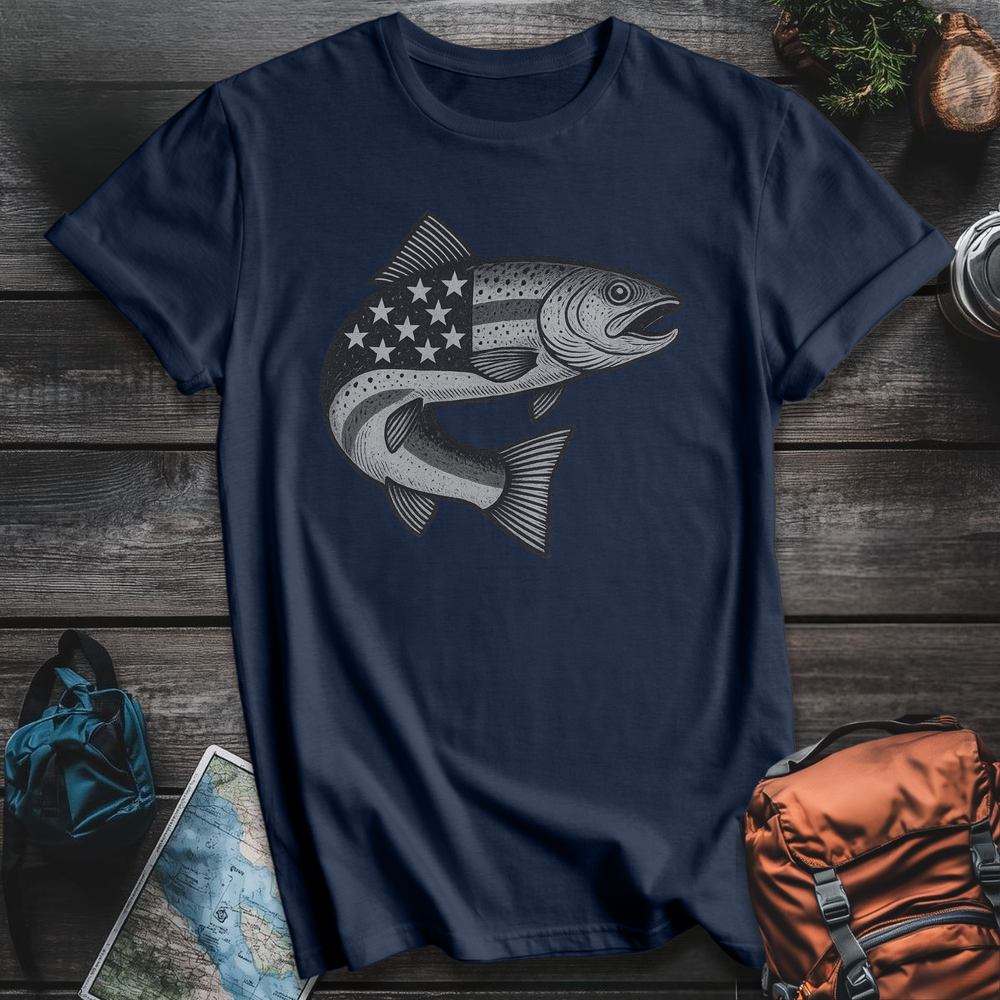 Printify T-Shirt Navy / S Stars And Stripes Trout T-Shirt