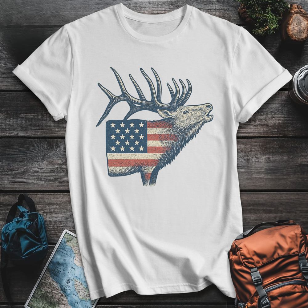 Printify T-Shirt White / S American Flag Elk T-Shirt